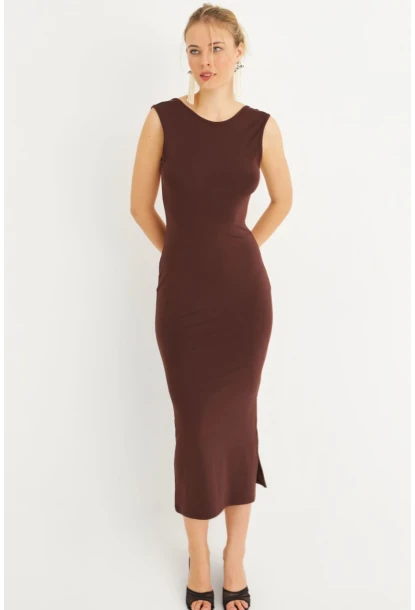 Kadın Kahverengi Sırtı Açık Midi Elbise YEL221672
