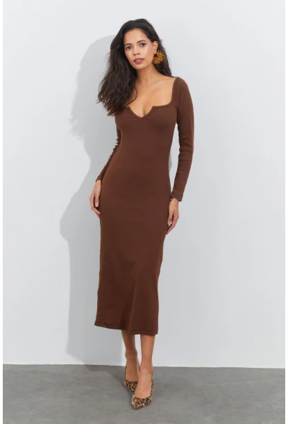 Kadın Kahverengi V Yaka Maxi Kaşkorse Elbise EY1086
