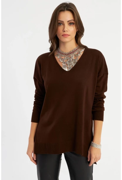 Kadın Kahverengi V Yaka Triko Bluz YİL557