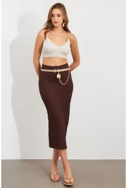 Kadın Kahverengi Yırtmaçlı Bürümcük Midi Etek ZH329