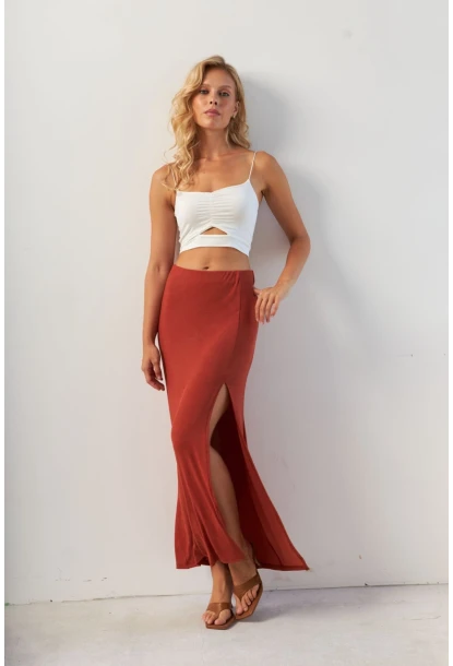 Kadın Kiremit Yırtmaçlı Maxi Etek AYD370