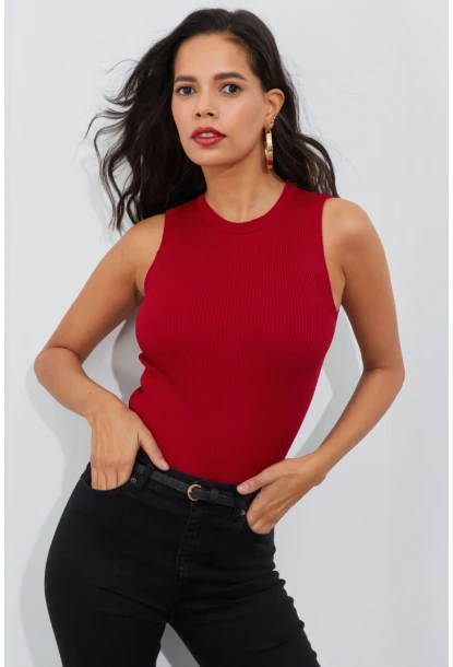 Kadın Kırmızı Bisiklet Yaka Triko Bluz YV91