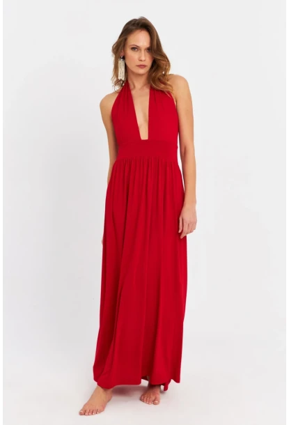 Kadın Kırmızı Boyun Bağlamalı Maxi Elbise EY3075