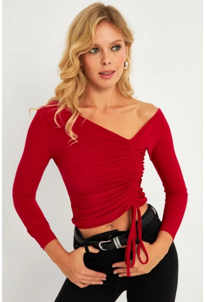 Kadın Kırmızı Büzgülü Bluz GÇ188