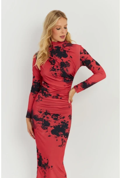 Kadın Kırmızı Büzgülü Desenli Midi Elbise MON118