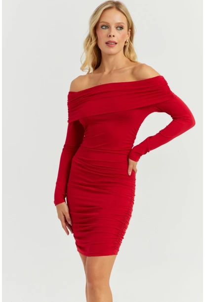 Kadın Kırmızı Büzgülü Madonna Mini Elbise MON1118