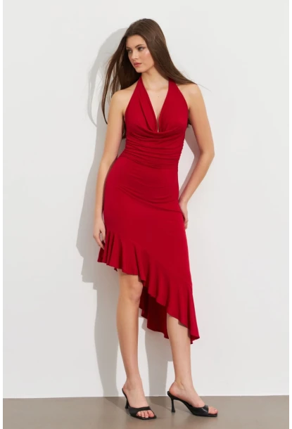 Kadın Kırmızı Degaje Asimetrik Midi Elbise İRE1436