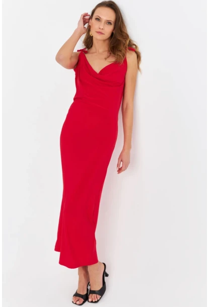 Kadın Kırmızı Degaje Maxi Elbise HOR0071