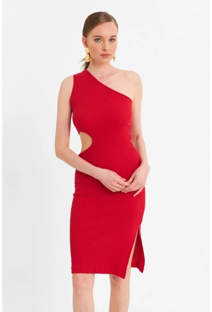 Kadın Kırmızı Dekolteli Kaşkorse Midi Elbise OR2460