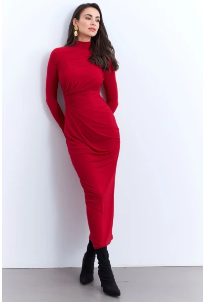 Kadın Kırmızı Drapeli Maxi Elbise LİK12