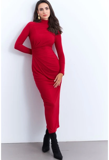 Kadın Kırmızı Drapeli Maxi Elbise LİK12