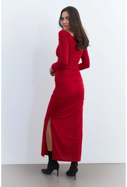 Kadın Kırmızı Drapeli Maxi Yılbaşı Elbise SHR7
