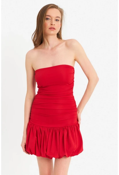 Kadın Kırmızı Drapeli Mini Elbise B6033