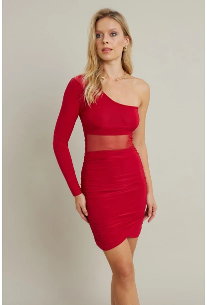 Kadın Kırmızı Drapeli Tül Detaylı Mini Elbise ELT3850