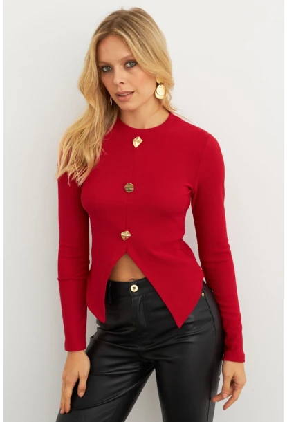 Kadın Kırmızı Düğme Detaylı Bluz RLO83