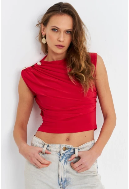 Kadın Kırmızı Düğme Detaylı Büzgülü Bluz LPP1205-1