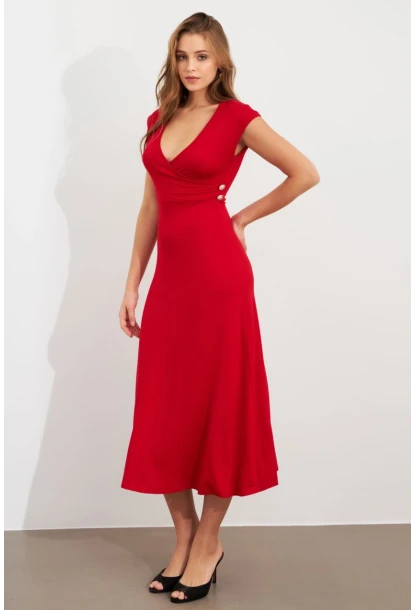 Kadın Kırmızı Düğme Detaylı Kruvaze Midi Elbise EY0011