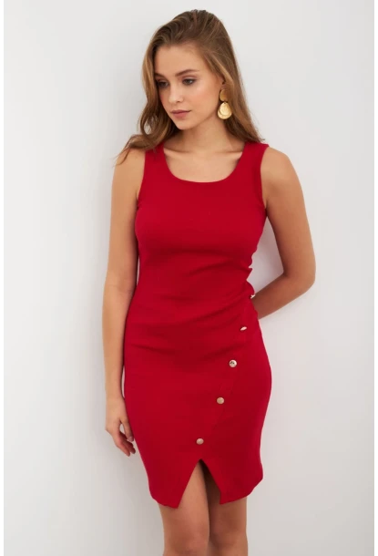 Kadın Kırmızı Düğme Detaylı Midi Elbise URO1111
