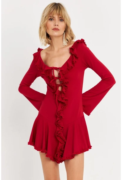 Kadın Kırmızı Fırfırlı Mini Elbise DCF121