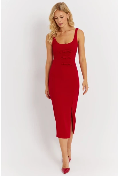 Kadın Kırmızı Fiyonk Detaylı Yırtmaçlı Midi Elbise KED4283