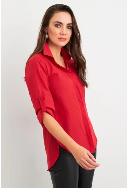 Kadın Kırmızı Gizli Düğmeli Uzun Gömlek SF2001