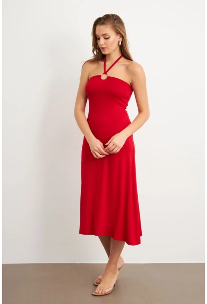 Kadın Kırmızı Halka Detaylı Midi Elbise EY3089