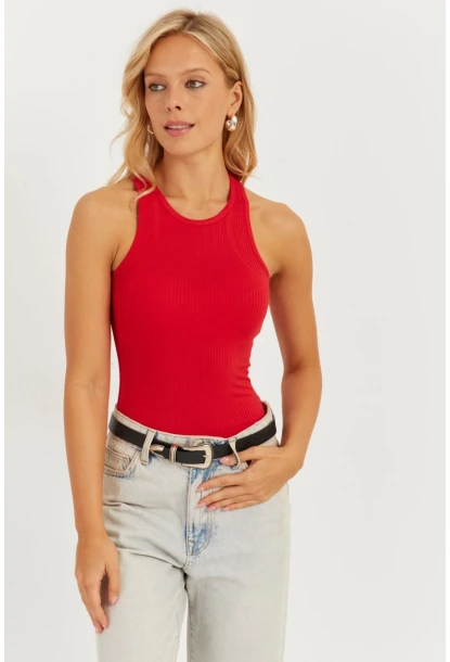 Kadın Kırmızı Halter Yaka Bluz AYD299