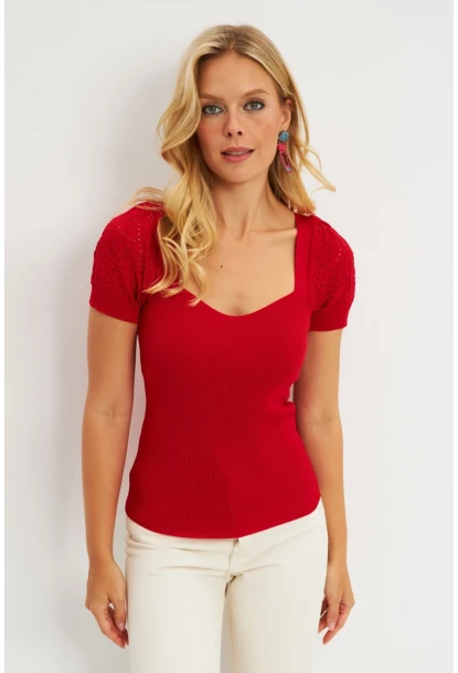 Kadın Kırmızı Kalp Taka Triko Bluz SMT228