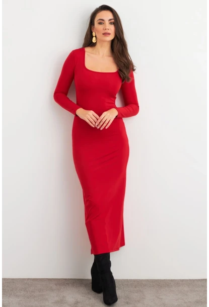 Kadın Kırmızı Kare Yaka Midi Elbise XC8102