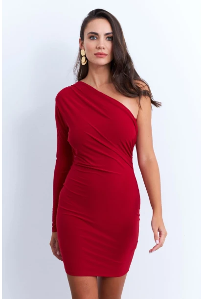 Kadın Kırmızı Kruvaze Tek Kol Mini Yılbaşı Elbise ELT4035