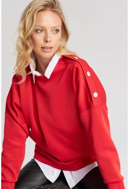 Kadın Kırmızı Omuz Taşlı Dalgıç Sweatshirt ST824