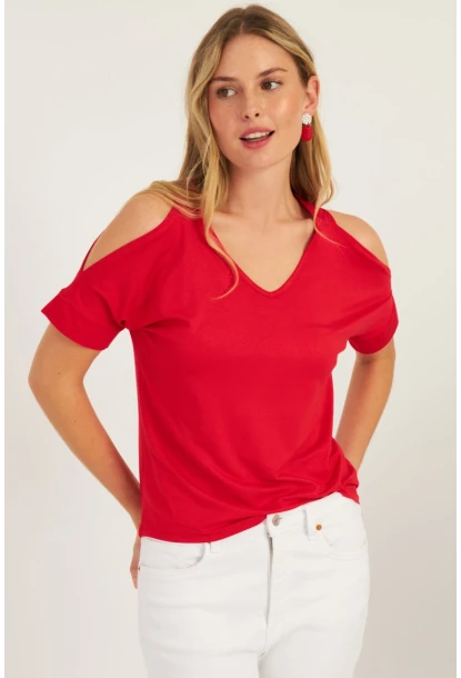 Kadın Kırmızı Omuzları Açık Bluz BR1329