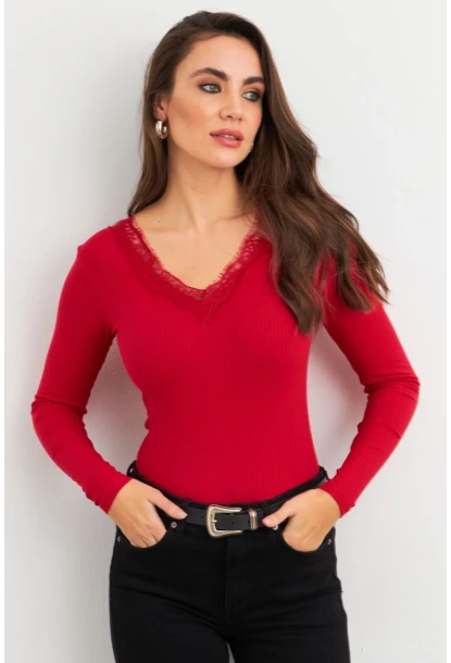 Kadın Kırmızı Ön Arka V Dantelli Bluz AYD406