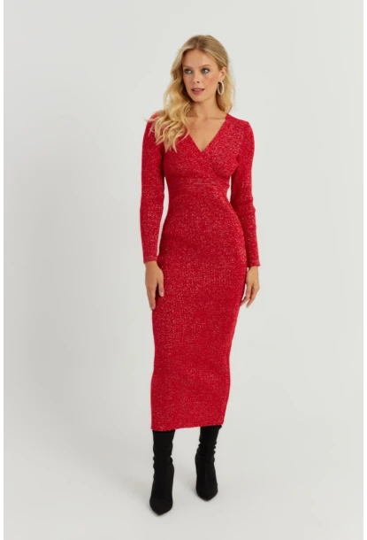 Kadın Kırmızı Simli Kruvaze Triko Maxi Elbise KED3578