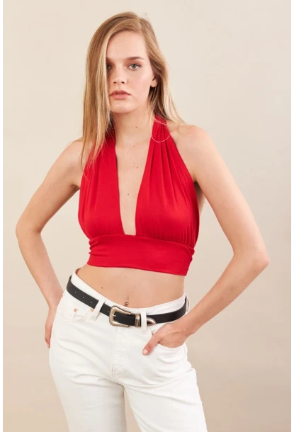 Kadın Kırmızı Sırt Ve Boyun Bağlamalı Bluz EY1472
