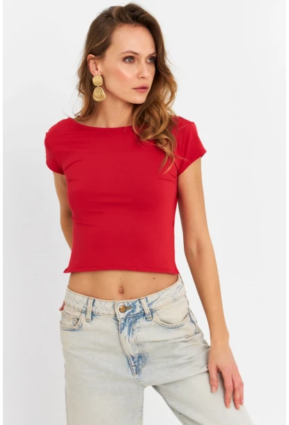 Kadın Kırmızı Sırtı Açık Crop Bluz ZH007