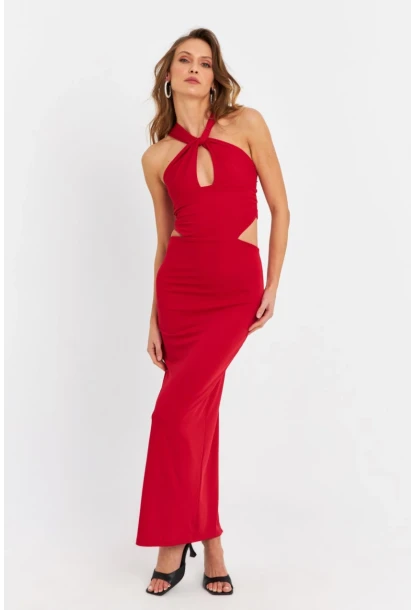 Kadın Kırmızı Sırtı Açık Pencereli Maxi Elbise DCF232
