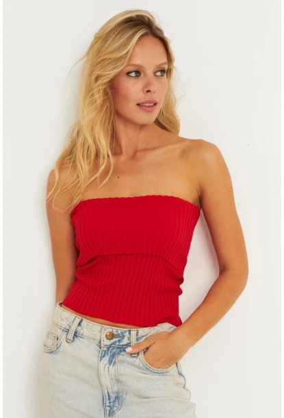 Kadın Kırmızı Straplez Triko Bluz YV240