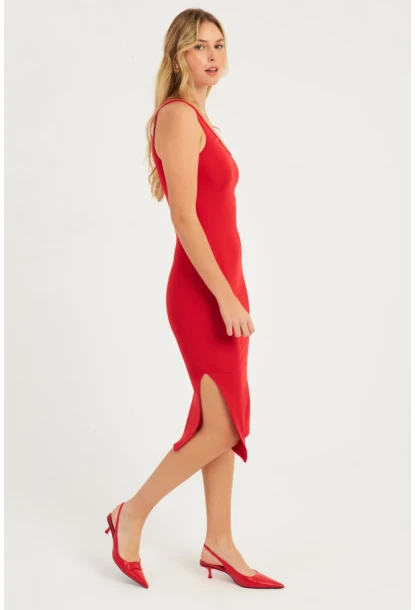 Kadın Kırmızı Tek Omuz Midi Elbise CG343