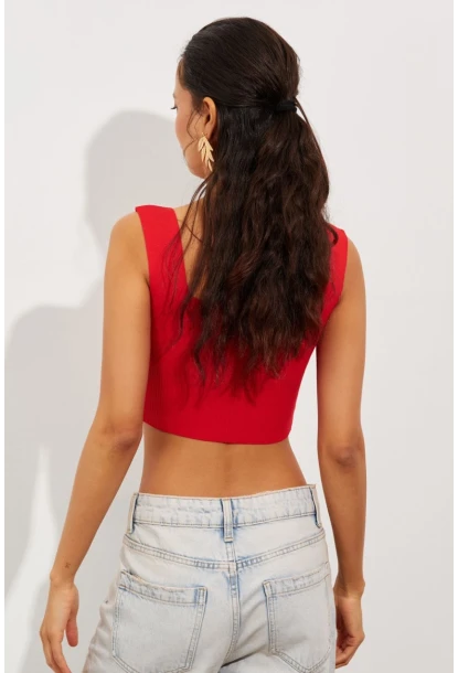Kadın Kırmızı Triko Crop Atlet YV118