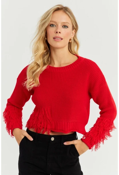 Kadın Kırmızı Triko Kısa Kazak YZ526