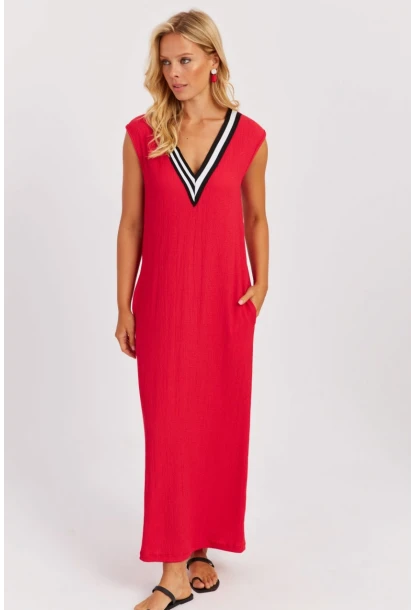 Kadın Kırmızı V Yaka Bloklu Maxi Elbise EY2779
