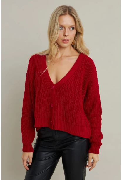 Kadın Kırmızı V Yaka Hırka KAZ35