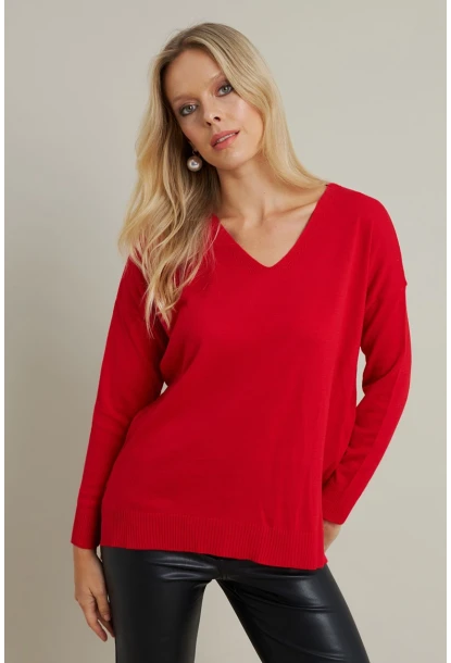 Kadın Kırmızı V Yaka Triko Kazak YİL549