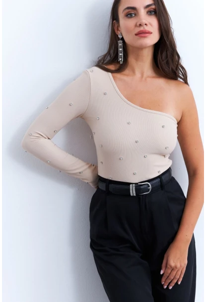 Kadın Krem Taşlı Tek Kol Crop Bluz HOL2