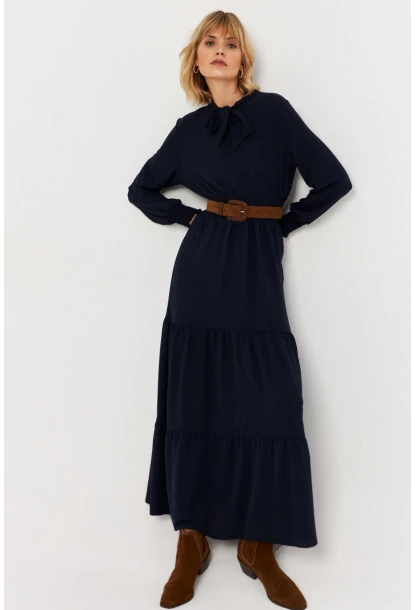 Kadın Lacivert Boyun Bağlamalı Maxi Elbise MASF217