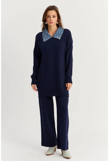 Kadın Lacivert Denim Yakalı İncili Alt Üst Triko Takım MNUV22