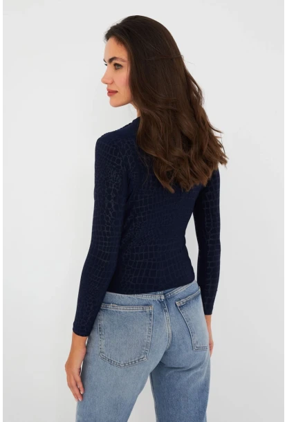Kadın Lacivert Desenli Büzgülü Bluz LPP1279
