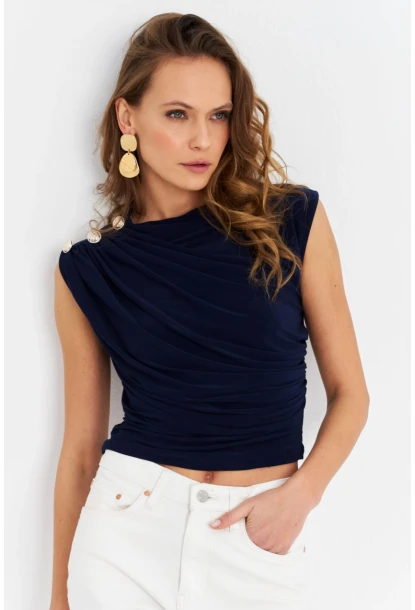 Kadın Lacivert Düğme Detaylı Büzgülü Bluz LPP1205-1