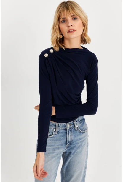 Kadın Lacivert Düğme Detaylı Büzgülü Bluz LPP1223-1